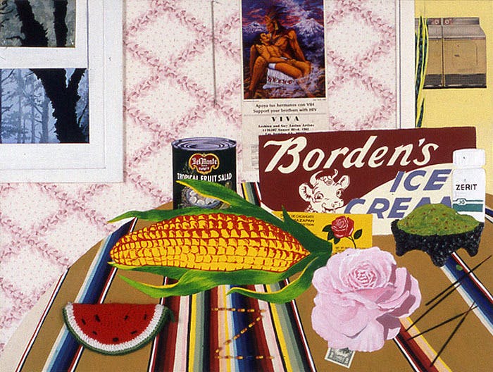 [Still life made with guacamole, Borden’s ice cream, pink rose, corn, and a watermelon placed on a stripe table cloth in a white and pink room with a white window to the left and a yellow kitchen to the right.]